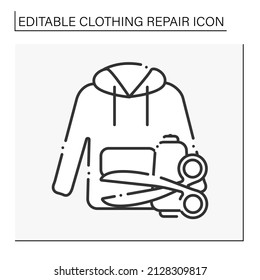 Hoodie line icon. Correct length of trendy clothing. Thread and scissors. Clothing repair concept. Isolated vector illustration. Editable stroke