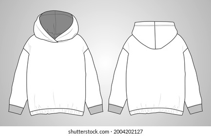 Hoodie Long sleeve overall technical fashion flat sketch template front and back view. Vector illustration Flat drawing Dress Design Mockup. Easy edit and customizable.