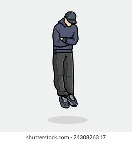 Hoodie man or boy or guy with cap and shoes floating sleepy isolated on grey background vector modern illustrations