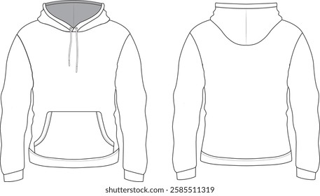 hoodie men's technical drawing vector editable, 
vecteur de dessin technique à capuche pour hommes modifiable, .eps, .ai, hoodie template, print-on-demand, tech pack, apparel mockups, fashion design