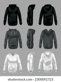 Hoodie mockup template for clothing branding and product presentation. Realistic front, back and side view. Perfect for fashion and apparel design