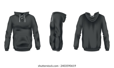 Hoodie mockup template for clothing branding and product presentation. Realistic front, back and side view. Perfect for fashion and apparel design