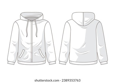 Hoodie outline illustration. hand drawn Hoodie sketch. Hoodie template front and back view. vector drawing. Hoodie isolated on white background. vector illustration. line art technical drawing.
