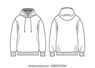 Hoodie outline illustration. hand drawn Hoodie sketch. Hoodie template front and back view. vector drawing. Hoodie isolated on white background. vector illustration. line art technical drawing.
