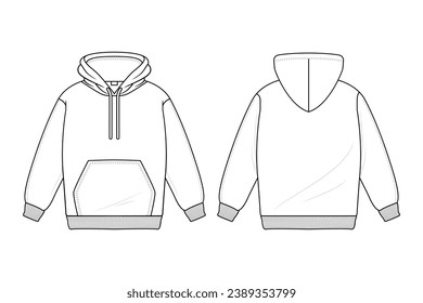 Ilustración del contorno de la carcasa. dibujo a mano de Hoodie. Vista frontal y posterior de la plantilla Hoodie. dibujo vectorial. Hoodie aislada en un fondo blanco. ilustración vectorial. dibujo técnico de líneas.