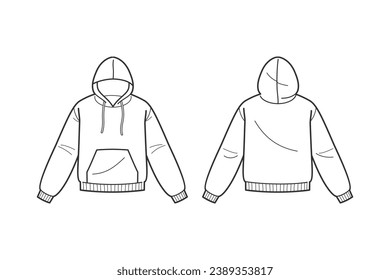 Hoodie outline illustration. hand drawn Hoodie sketch. Hoodie template front and back view. vector drawing. Hoodie isolated on white background. vector illustration. line art technical drawing.