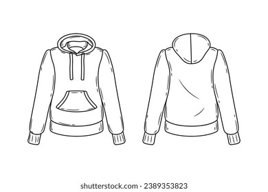 Hoodie outline illustration. hand drawn Hoodie sketch. Hoodie template front and back view. vector drawing. Hoodie isolated on white background. vector illustration. line art technical drawing.