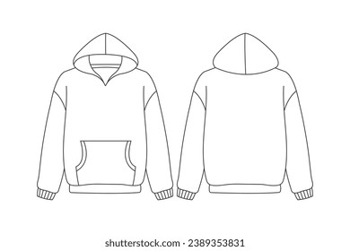 Hoodie outline illustration. hand drawn Hoodie sketch. Hoodie template front and back view. vector drawing. Hoodie isolated on white background. vector illustration. line art technical drawing.