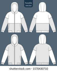 Hoodie outline technical sketch. Front and back view. Hoodie vector mockup template for men's sportswear. Isolated vector objects.