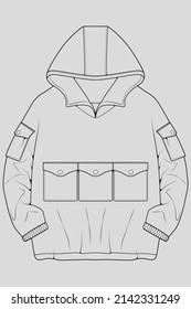 hoodie oversized outline drawing vector, hoodie oversized in a sketch style, trainers template outline, vector Illustration.
