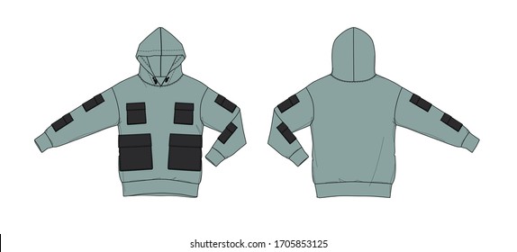 Hoodie with patch pockets design, flat sketch, front and back views