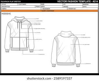 HOODIE POCKET WITH ZIP SKETCH FASHION TEMPLATE TECHNICAL ILLUSTRATION