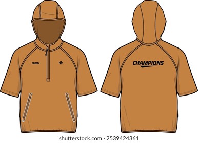 Hoodie pull over windbreaker t-shirt design flat sketch Illustration, Hooded sweatshirt with front and back view, winter jacket for Men and women. for training, Running and workout in winter