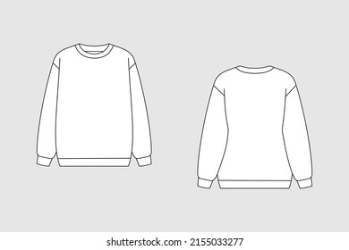 Hoodie, pullover, sweatshirt vector template isolated on a grey background. Unisex, male, female model. Front and back view. Outline fashion technical sketch of clothes model.