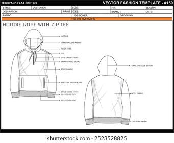 HOODIE SEIL MIT REISSVERSCHLUSS FLACHE SKIZZE MODE VORLAGE TECHNISCHE ILLUSTRATION