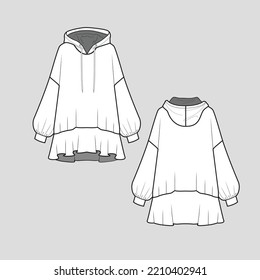 Hoodie Ruffles Sweat Dress Long Balloon Sleeve with cuffs High low dip hem Fashion drawing flat sketch template