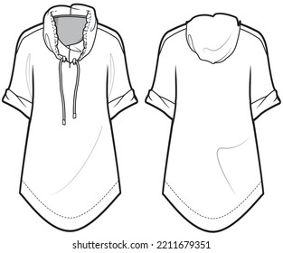 Hoodie Short Sleeve Dress Front and Back View. Fashion Illustration, Vector, CAD, Technical Drawing, Flat Drawing, Template, Mockup.