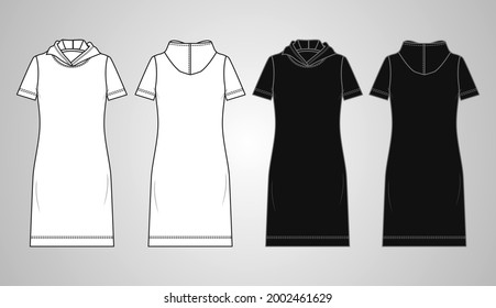 Hoodie short sleeve oversized body long knee length. Technical fashion sketch template for women's White and black View. Vector Art Drawing illustration eps 10.Easy edit and customizable.