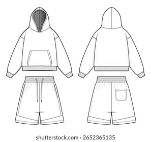 Hoodie e Shorts Two-Piece Set Technical Fashion Flat. Modelo de vetor de roupa de loungewear feminino. Vista frontal e traseira. Ajuste Relaxado. Capuz de bolso canguru. Calções Casuais com Bolso de Patch Traseiro. Montagem CAD.