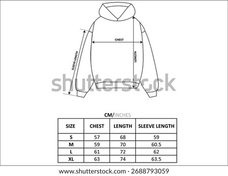 Hoodie size chart, flat sketch, vector mock up