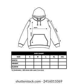 Hoodie Size Chart, Jumper, Jacke Flachskizze, Modekleidung, Vektorgrafik