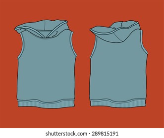 Hoodie sleeveless fashion sweatshirt model. Front and back views. Vector illustration