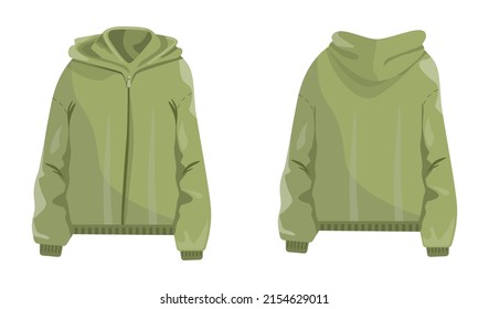 Hoodie. Sport casual clothes apparel for cold weather. Unisex clothes front and back view. Flat vector illustration