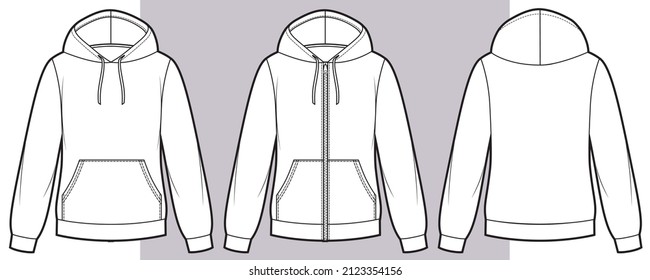 Chaqueta de sudor de hoodie con cremallera y sin ella. Plantilla de mordaza.