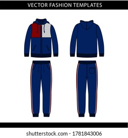 hoodie and Sweat pants fashion flat sketch template, jogging outfit front and back, sport wear outfit 