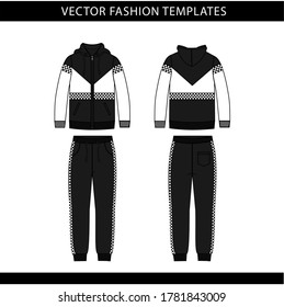 hoodie and Sweat pants fashion flat sketch template, jogging outfit front and back, sport wear outfit 