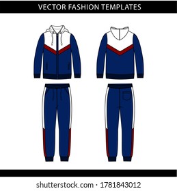 hoodie and Sweat pants fashion flat sketch template, jogging outfit front and back, sport wear outfit 