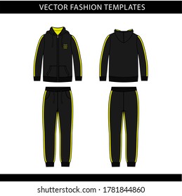 hoodie and Sweat pants fashion flat sketch template, jogging outfit front and back, sport wear outfit 