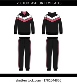hoodie and Sweat pants fashion flat sketch template, jogging outfit front and back, sport wear outfit 