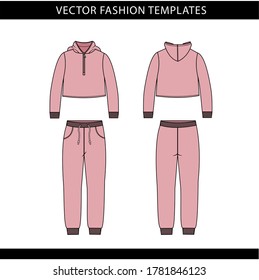 hoodie and Sweat pants fashion flat sketch template, jogging outfit front and back, sport wear outfit 