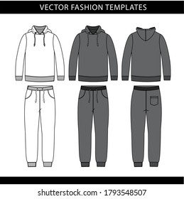 hoodie and Sweat pants fashion flat sketch template, jogging outfit front and back, sport wear outfit 