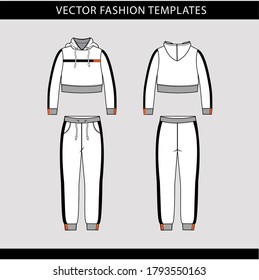 hoodie and Sweat pants fashion flat sketch template, jogging outfit front and back, sport wear outfit 