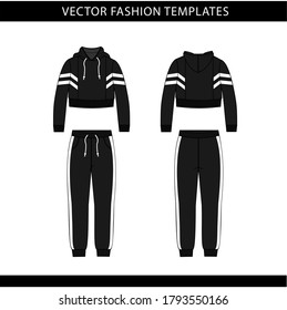 hoodie and Sweat pants fashion flat sketch template, jogging outfit front and back, sport wear outfit 