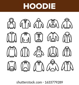 Hoodie And Sweater Collection Icons Set Vector Thin Line. Fashionable Stylish Hoodie With Hood, Warm Clothing With Long Sleeve Concept Linear Pictograms. Monochrome Contour Illustrations