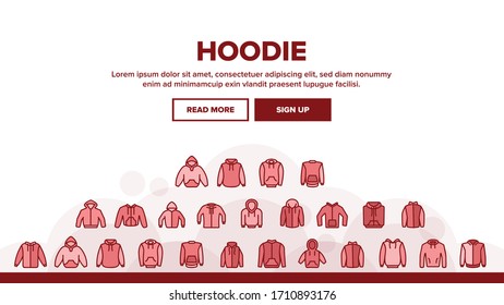 Hoodie And Sweater Landing Web Page Header Banner Template Vector. Fashionable Stylish Hoodie With Hood, Warm Clothing With Long Sleeve Illustration