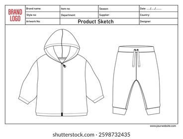 Hoodie and sweatpants technical drawing fashion flat sketch vector illustration template with tech pack details	