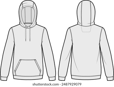 Hoodie sweatshirt cotton fleece technical fashion illustration design template with pocket, regular fit, long sleeves and ribbing.