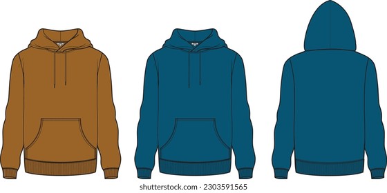 Hoodie sweatshirt front and back flat sketch technical drawing vector illustration template