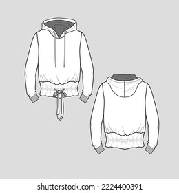 Hoodie sweatshirt Knotted hem Gathering Knot tie Hem long Sleeve Fashion winter Sweatshirt  flat sketch technical drawing template design vector