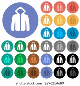 Hoodie sweatshirt multi colored flat icons on round backgrounds. Included white, light and dark icon variations for hover and active status effects, and bonus shades.