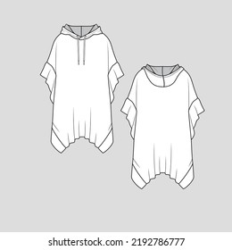 Hoodie Sweatshirt Oversized Mini Dress Ruffles hem Drop Shoulder ruffles sleeve blouse cad drawing sketch template fashion design