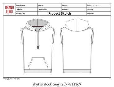 Hoodie technical drawing fashion flat sketch vector illustratinon template with clothing template details	