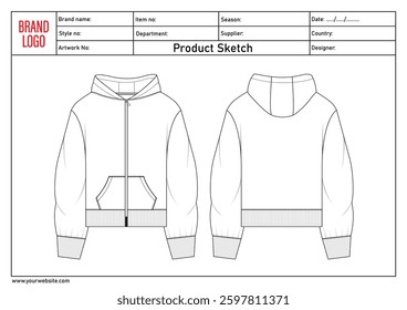 Hoodie technical drawing fashion flat sketch vector illustratinon template with clothing template details	