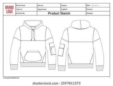 Hoodie technical drawing fashion flat sketch vector illustratinon template with clothing template details	