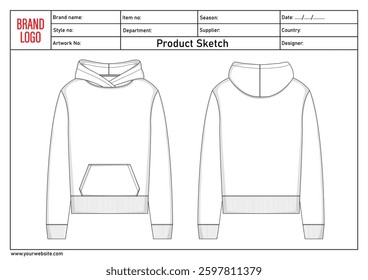 Hoodie technical drawing fashion flat sketch vector illustratinon template with clothing template details	