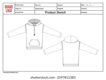Hoodie technical drawing fashion flat sketch vector illustratinon template with clothing template details	